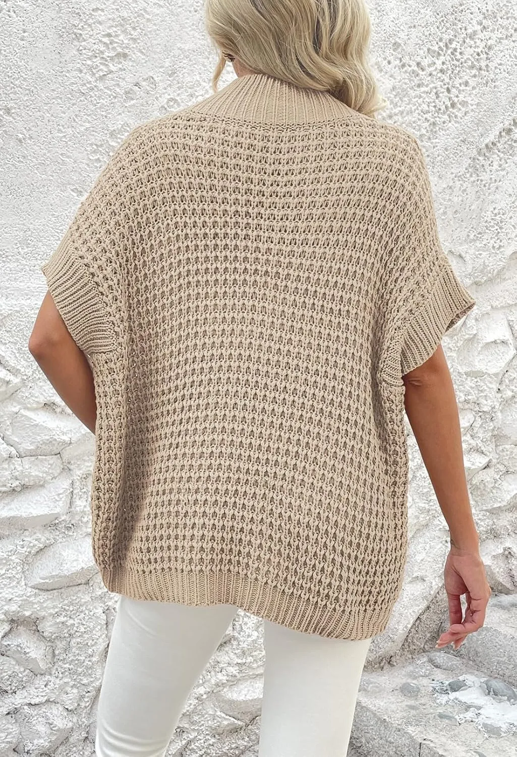 Viottiset Womens Oversized Short Batwing Sleeve Mock Neck Sweater Vest Fall Sleeveless Pullover Knit Sweaters