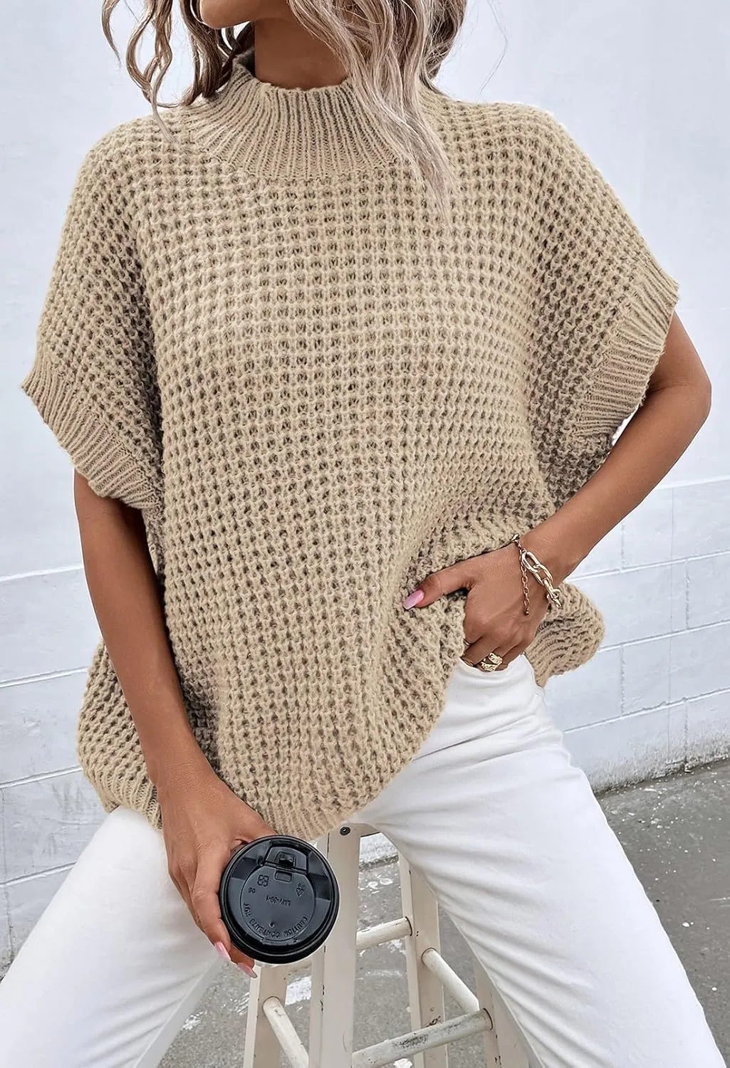 Viottiset Womens Oversized Short Batwing Sleeve Mock Neck Sweater Vest Fall Sleeveless Pullover Knit Sweaters