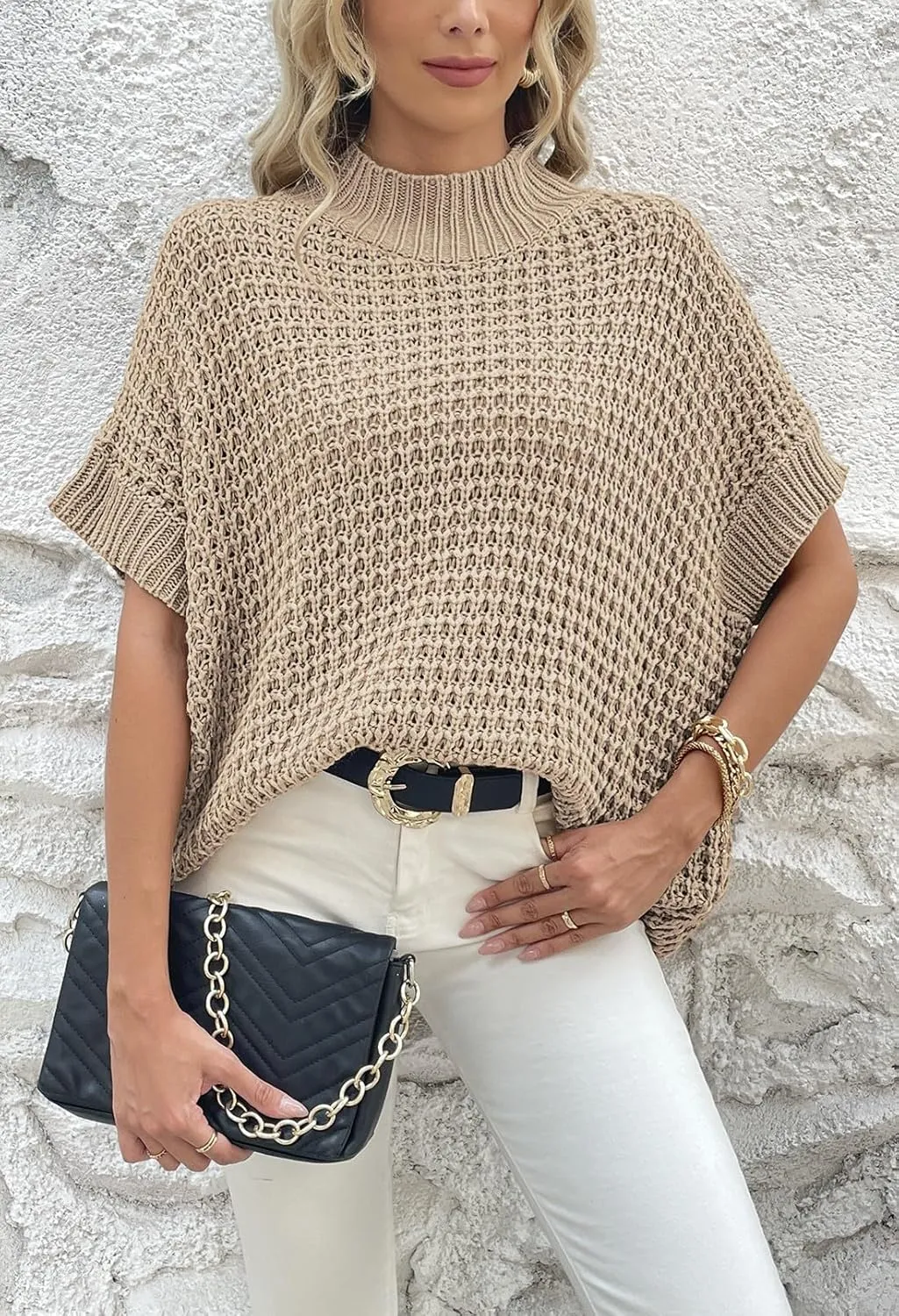 Viottiset Womens Oversized Short Batwing Sleeve Mock Neck Sweater Vest Fall Sleeveless Pullover Knit Sweaters