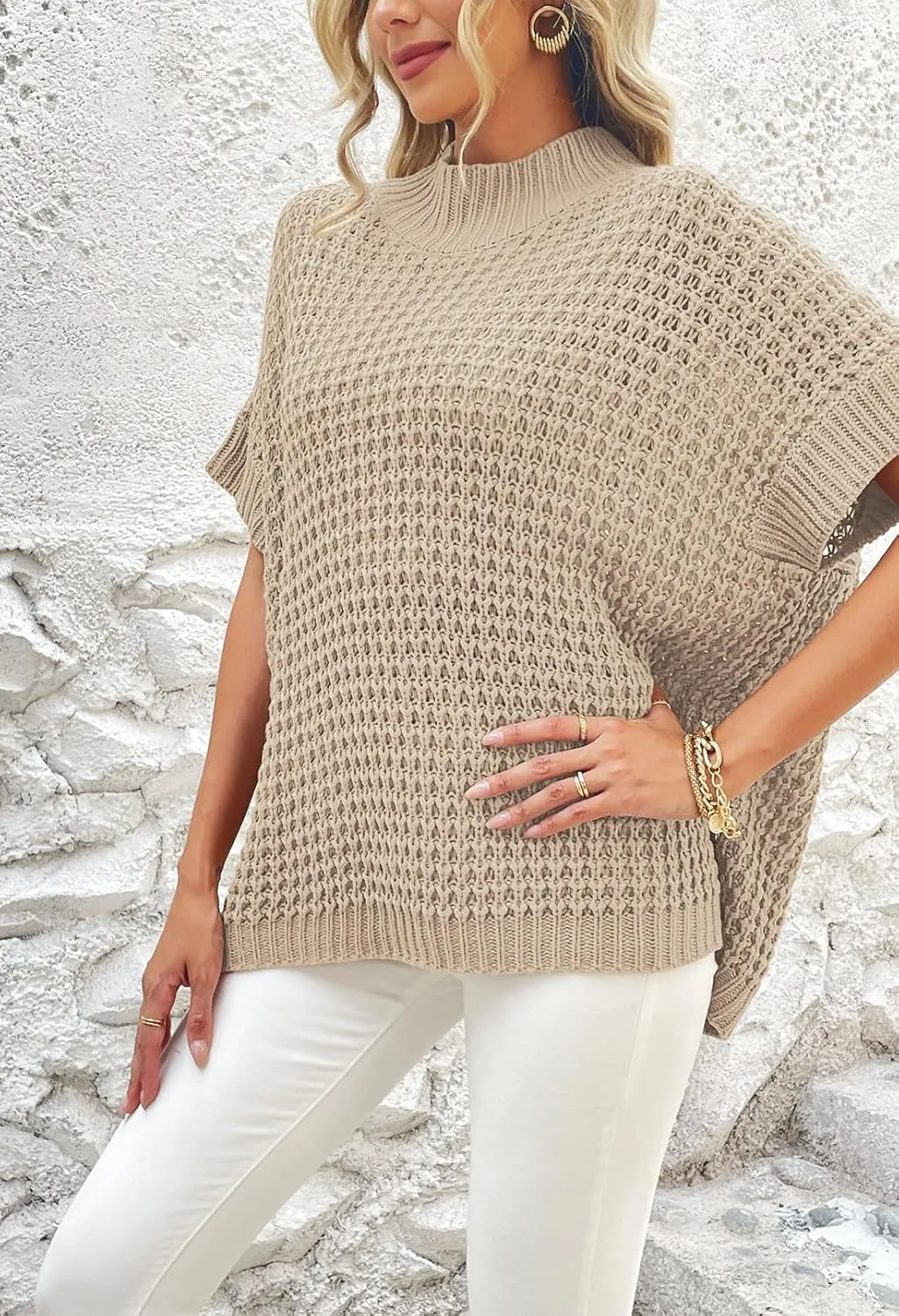 Viottiset Womens Oversized Short Batwing Sleeve Mock Neck Sweater Vest Fall Sleeveless Pullover Knit Sweaters