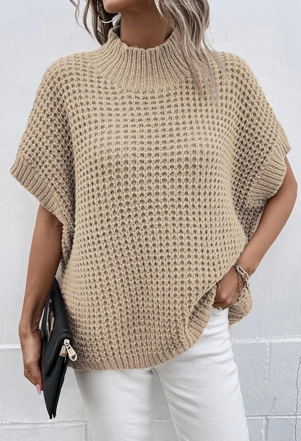 Viottiset Womens Oversized Short Batwing Sleeve Mock Neck Sweater Vest Fall Sleeveless Pullover Knit Sweaters