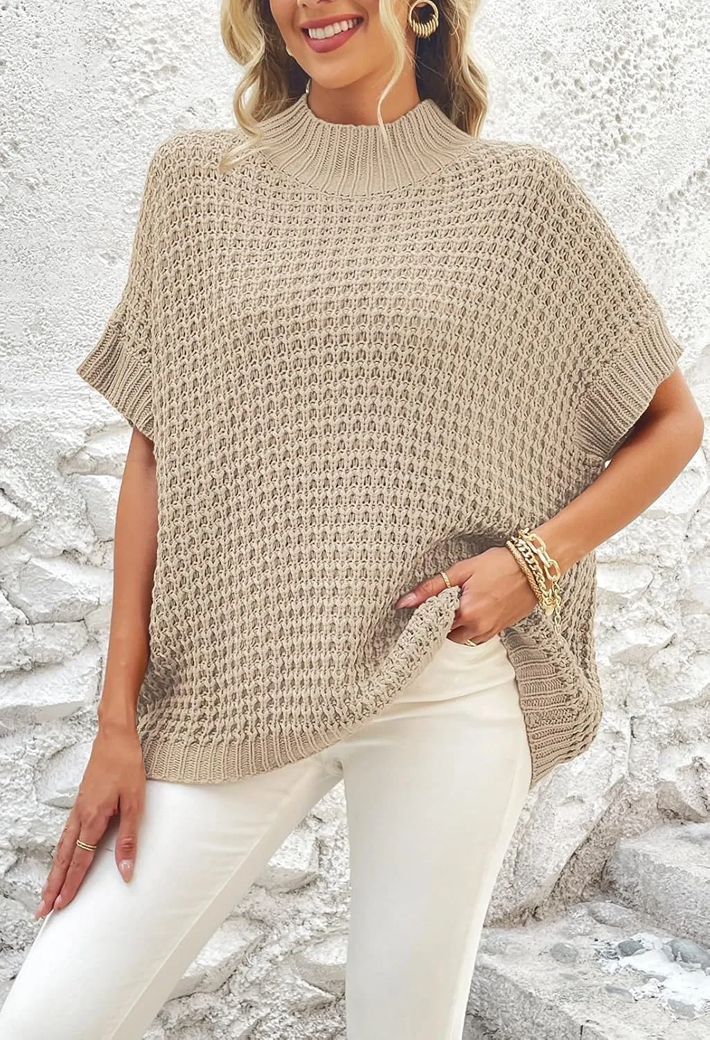 Viottiset Womens Oversized Short Batwing Sleeve Mock Neck Sweater Vest Fall Sleeveless Pullover Knit Sweaters