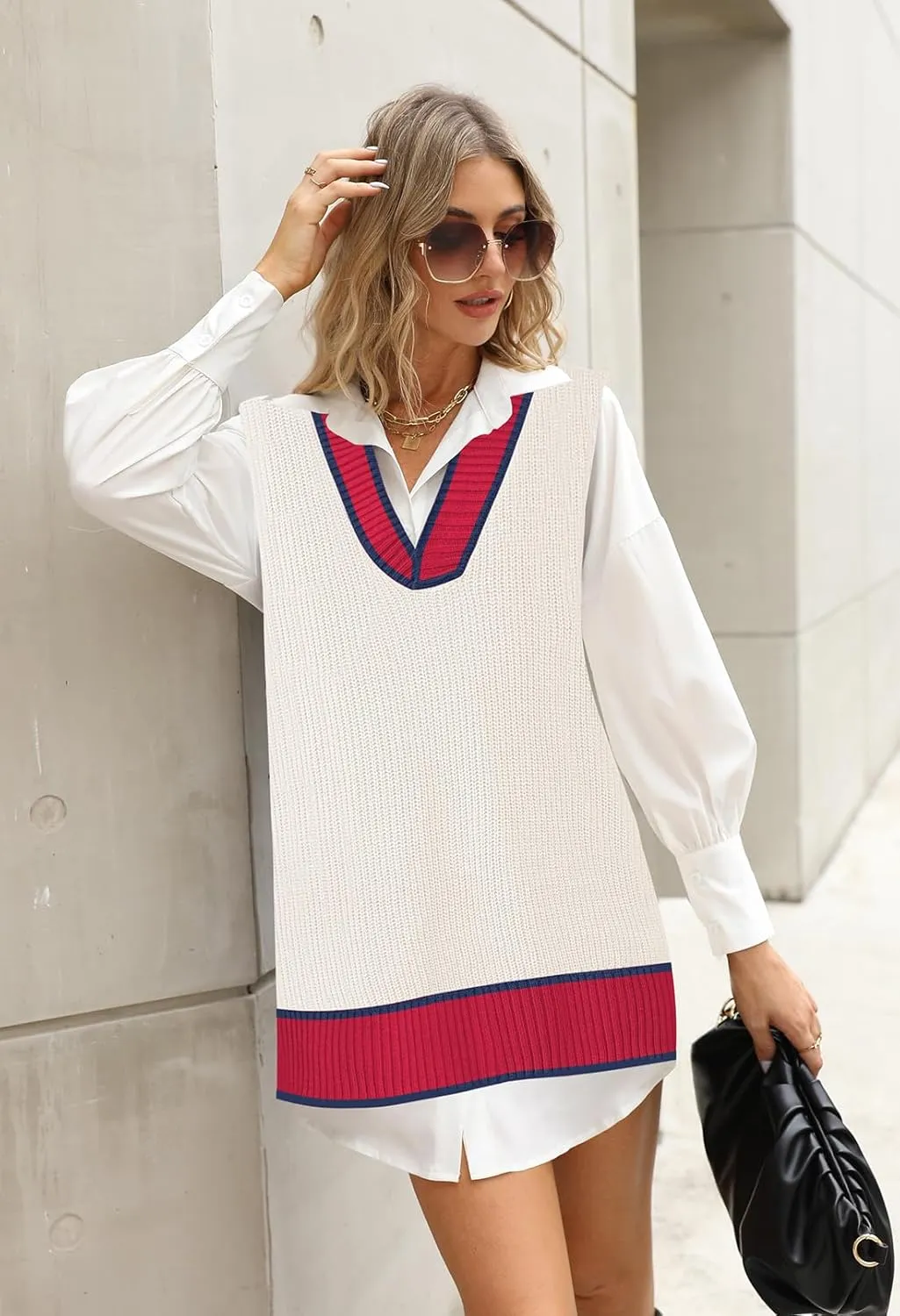 Viottiset Women's Oversized V Neck Knit Sweater Vest Tunic Sleeveless Pullover Top