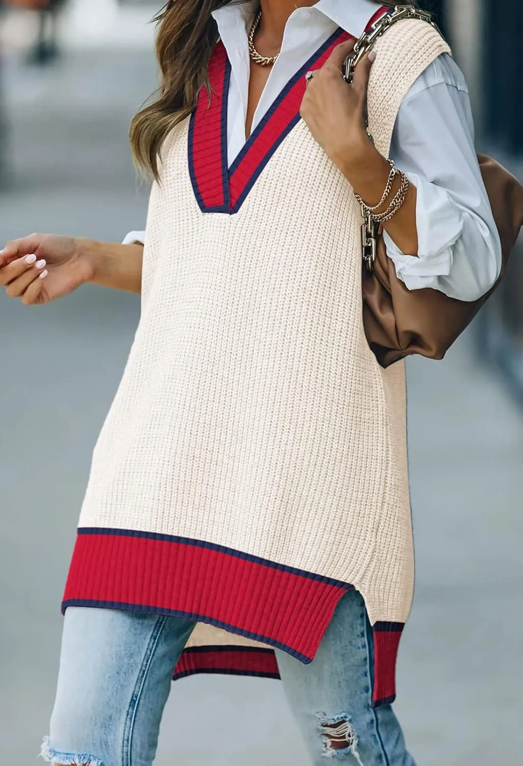 Viottiset Women's Oversized V Neck Knit Sweater Vest Tunic Sleeveless Pullover Top