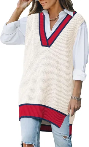 Viottiset Women's Oversized V Neck Knit Sweater Vest Tunic Sleeveless Pullover Top