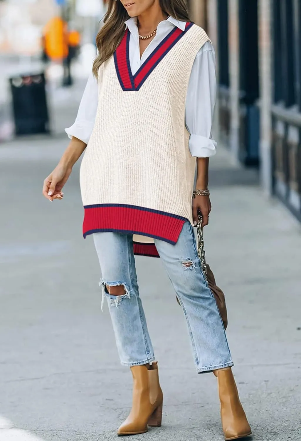 Viottiset Women's Oversized V Neck Knit Sweater Vest Tunic Sleeveless Pullover Top