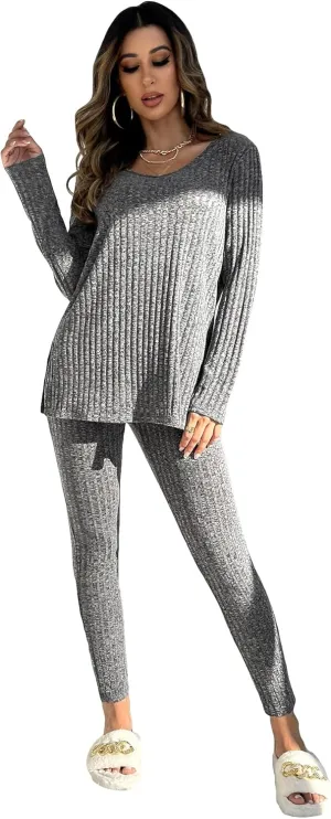 WDIRARA Women's 2 Piece Lounge Set Ribbed Knit Long Sleeve Tee Top and Leggings Pajama Sets