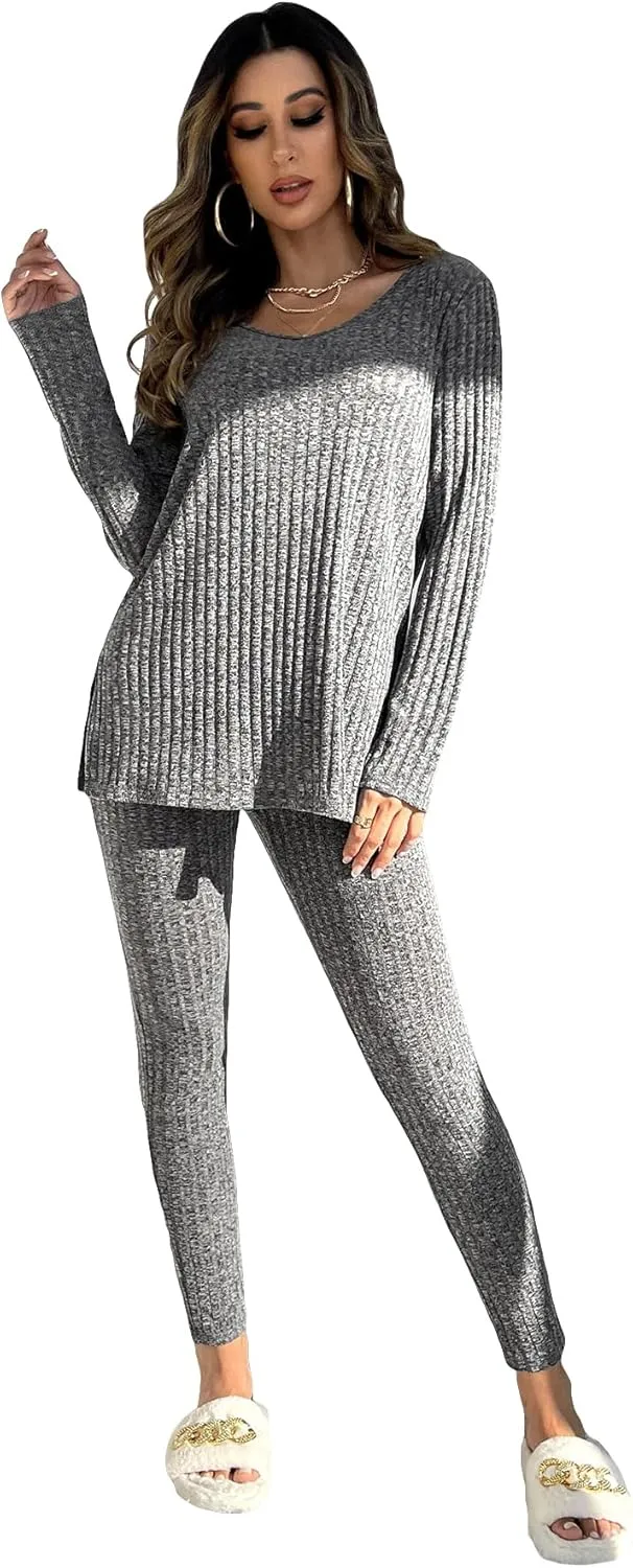 WDIRARA Women's 2 Piece Lounge Set Ribbed Knit Long Sleeve Tee Top and Leggings Pajama Sets