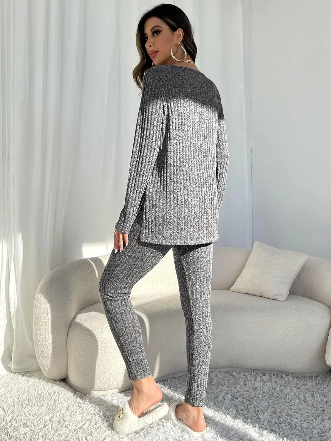 WDIRARA Women's 2 Piece Lounge Set Ribbed Knit Long Sleeve Tee Top and Leggings Pajama Sets