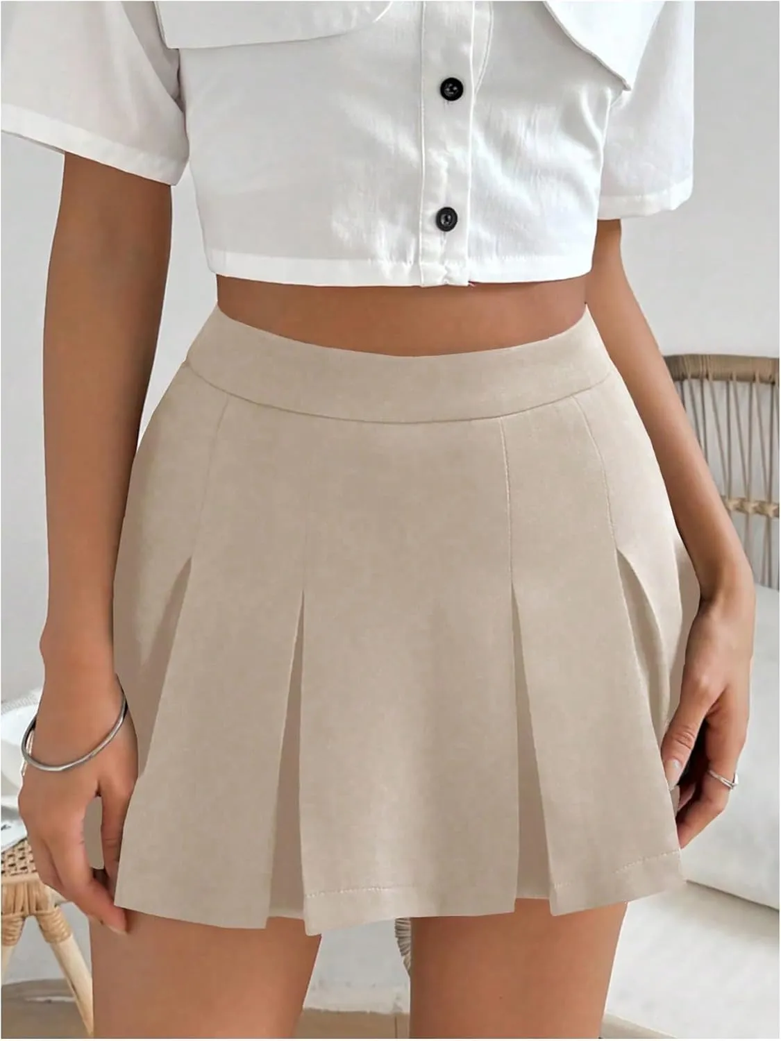 WDIRARA Women's High Waisted Pleated Skirt Skater A Line Mini Uniform Skirt