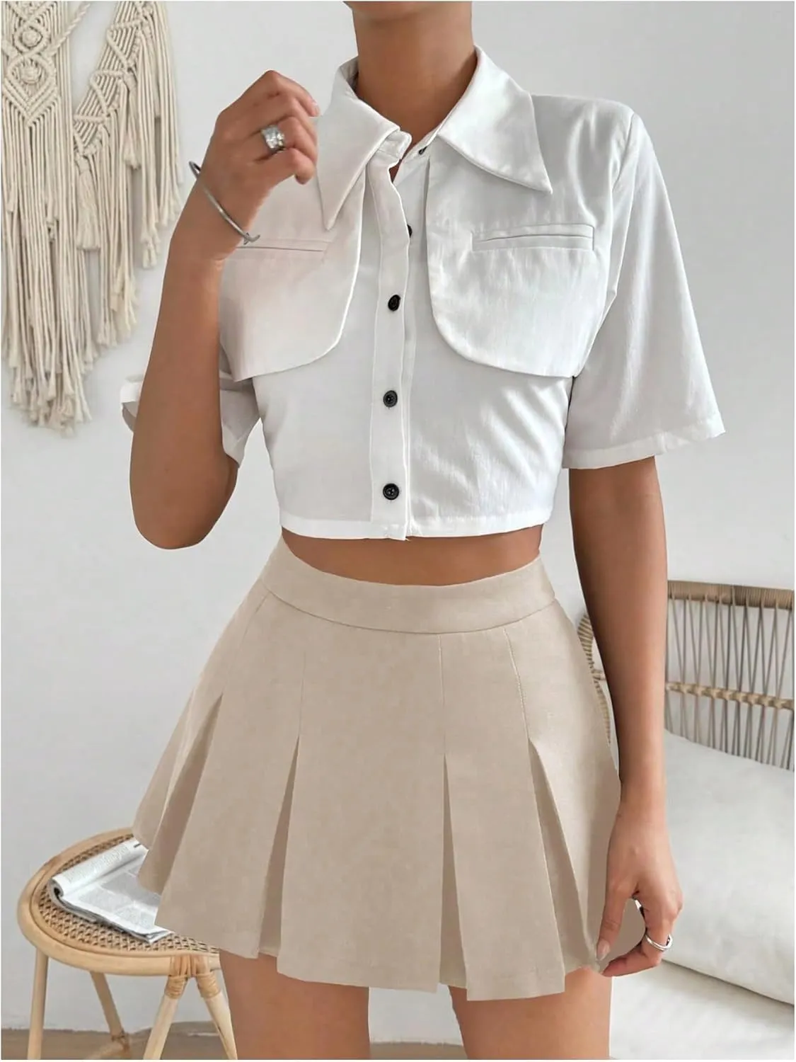 WDIRARA Women's High Waisted Pleated Skirt Skater A Line Mini Uniform Skirt