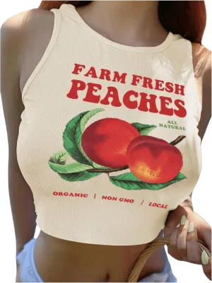 WDIRARA Women's Printed Crop Tank Tops Graphic Cami Top Summer Ribbed Slim Fit Tee