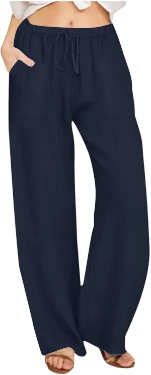 Wide Leg Linen Pants for Women 2025 Summer Drawstring Waist Loose Cotton Linen Palazzo Trousers Casual Lounge Pants