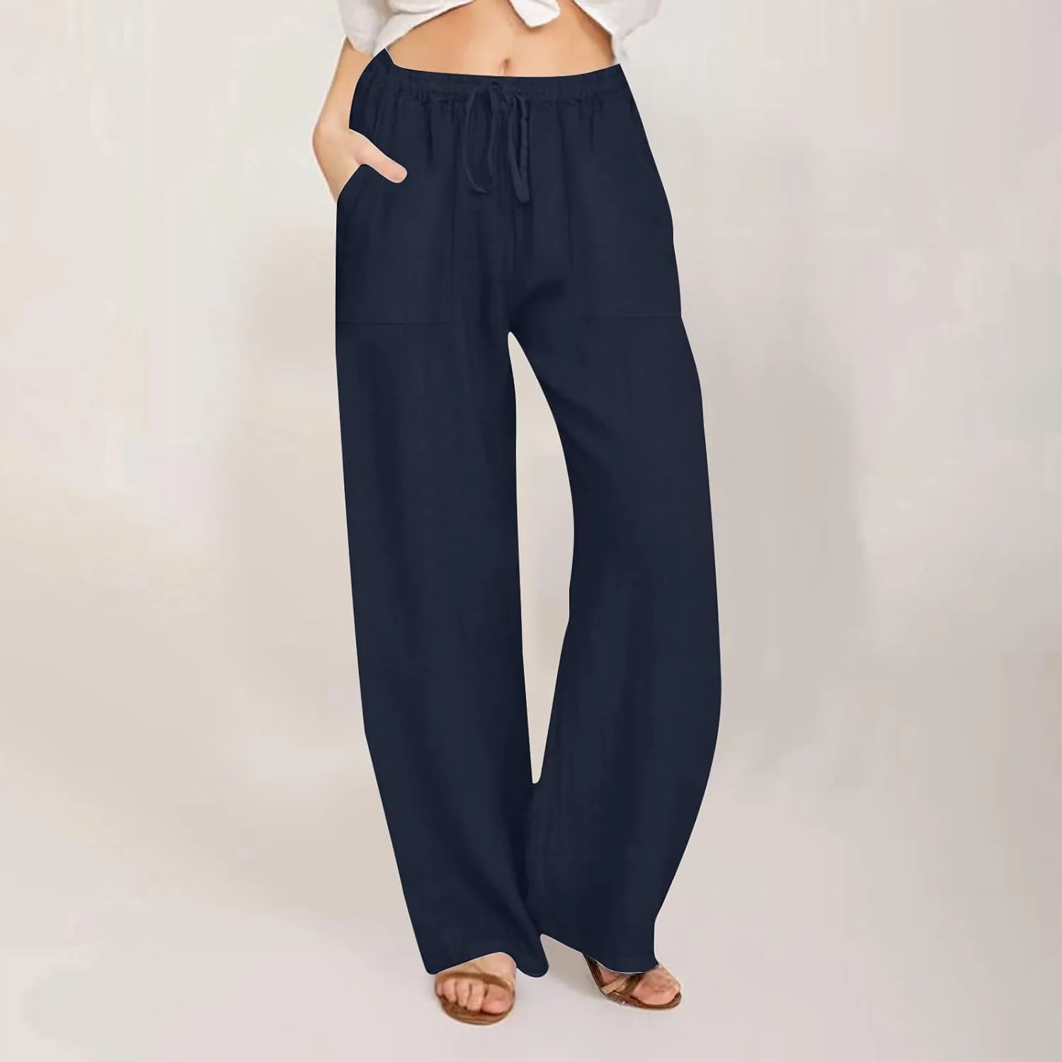 Wide Leg Linen Pants for Women 2025 Summer Drawstring Waist Loose Cotton Linen Palazzo Trousers Casual Lounge Pants