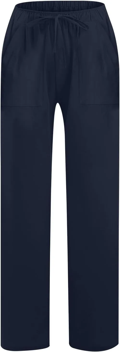 Wide Leg Linen Pants for Women 2025 Summer Drawstring Waist Loose Cotton Linen Palazzo Trousers Casual Lounge Pants