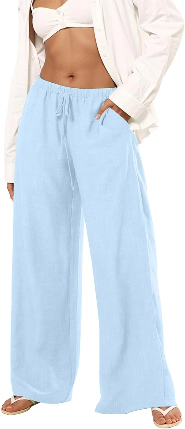 Wide Leg Linen Pants for Women Baggy Lightweight Summer Pants Casual Elastic Drawstring Waist Flowy Boho Beach Pants