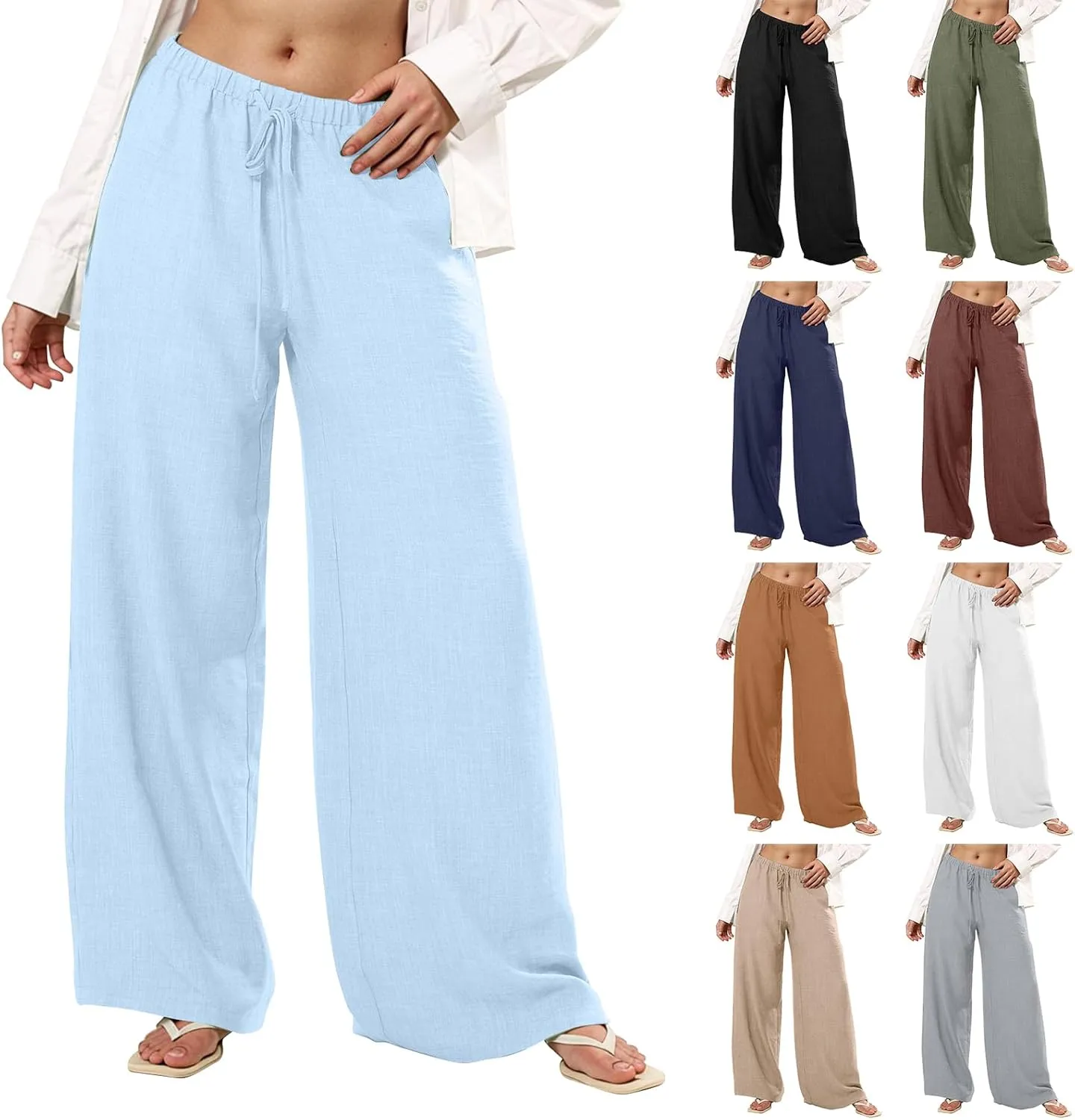 Wide Leg Linen Pants for Women Baggy Lightweight Summer Pants Casual Elastic Drawstring Waist Flowy Boho Beach Pants