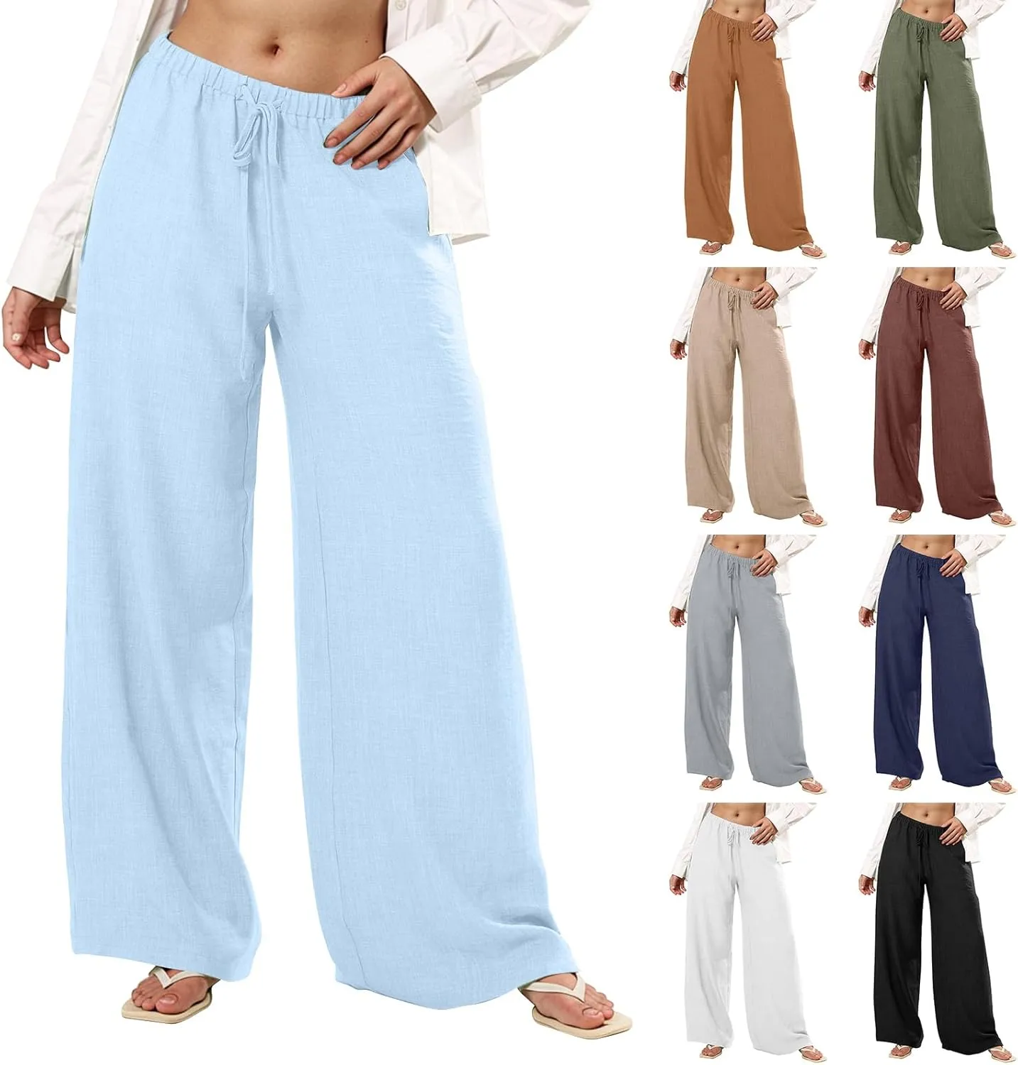 Wide Leg Linen Pants for Women Baggy Lightweight Summer Pants Casual Elastic Drawstring Waist Flowy Boho Beach Pants