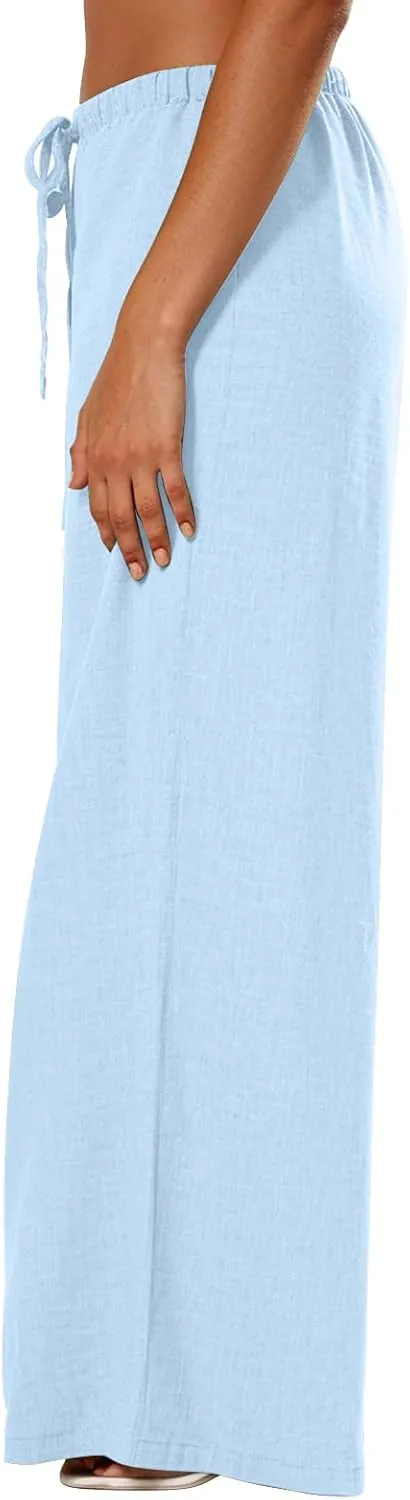 Wide Leg Linen Pants for Women Baggy Lightweight Summer Pants Casual Elastic Drawstring Waist Flowy Boho Beach Pants
