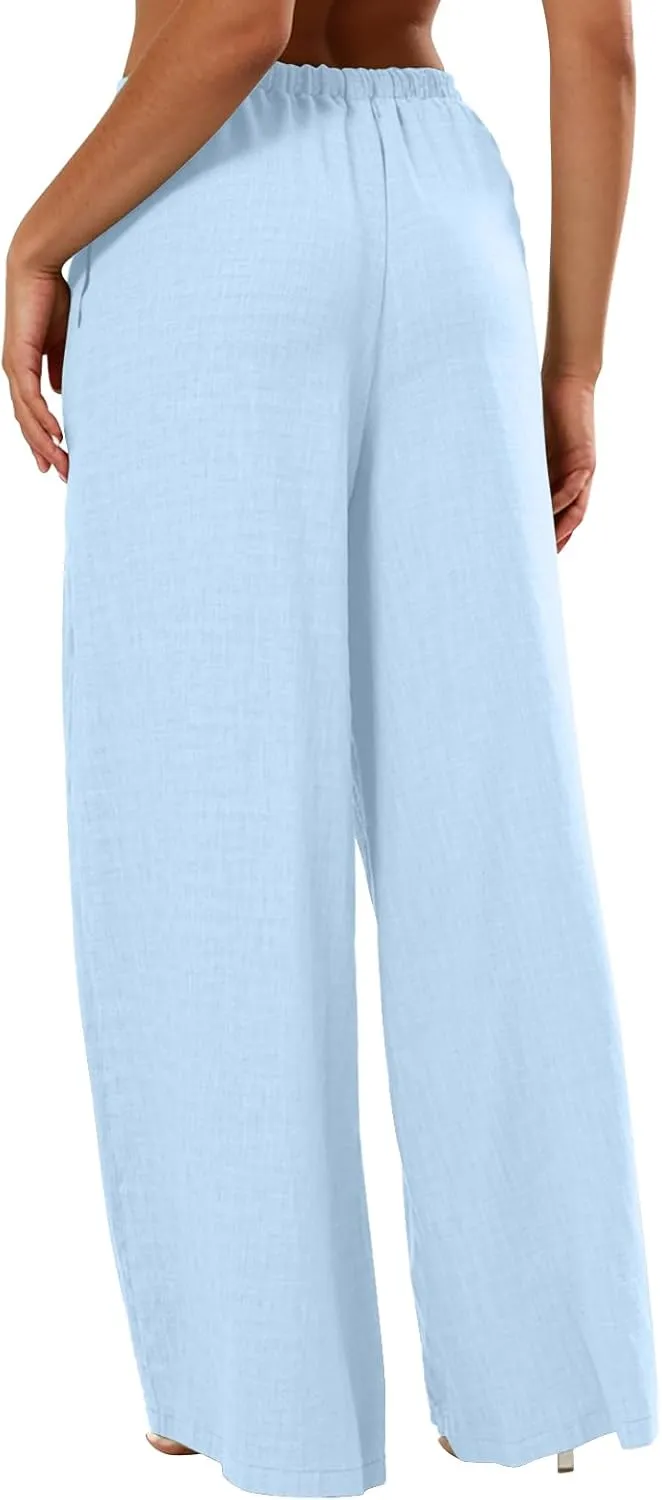 Wide Leg Linen Pants for Women Baggy Lightweight Summer Pants Casual Elastic Drawstring Waist Flowy Boho Beach Pants