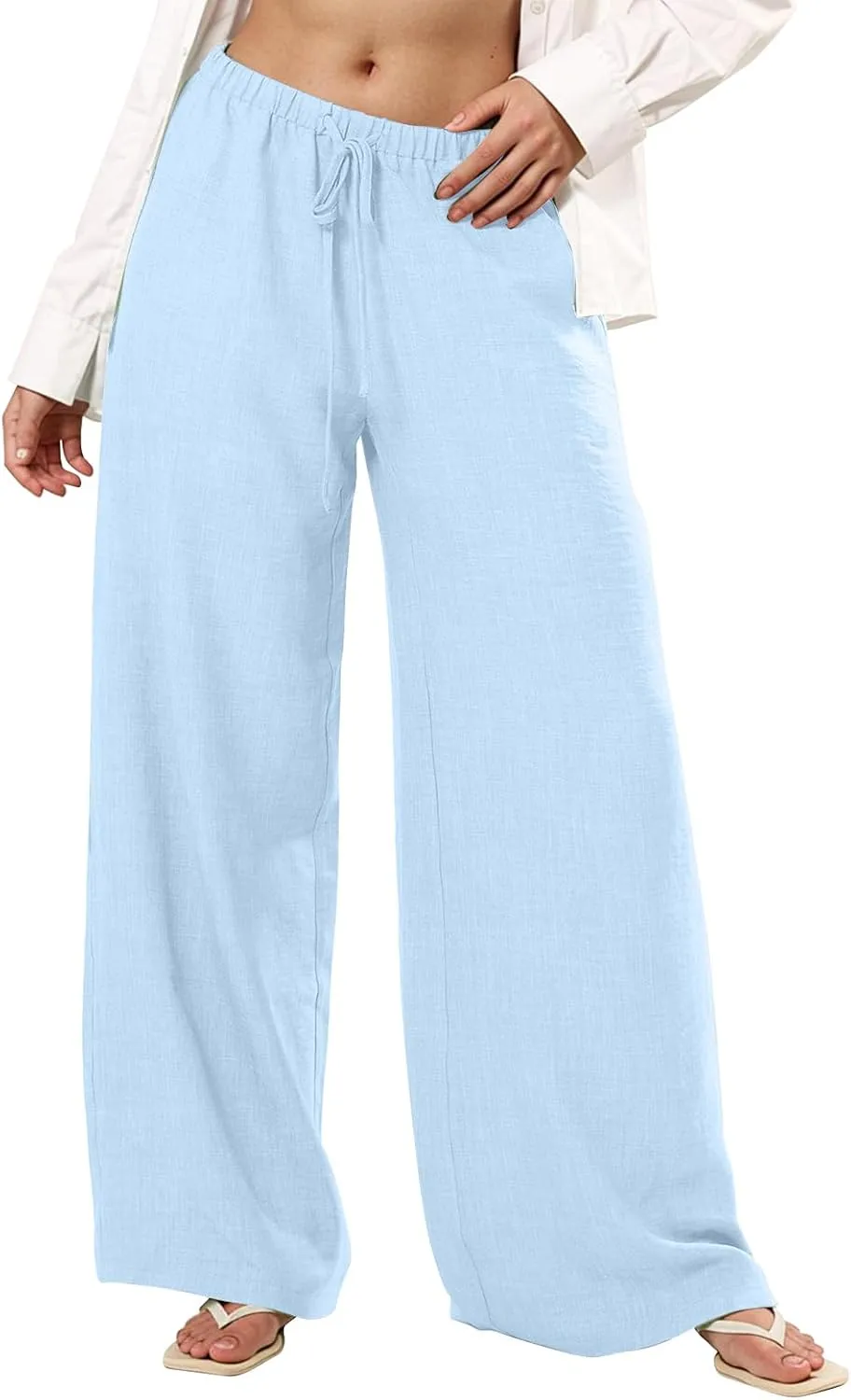 Wide Leg Linen Pants for Women Baggy Lightweight Summer Pants Casual Elastic Drawstring Waist Flowy Boho Beach Pants