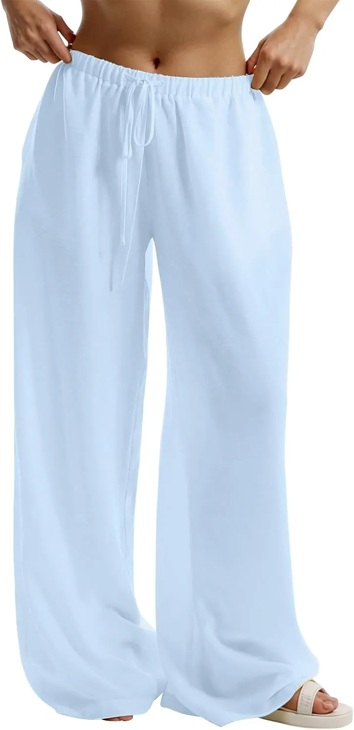 Wide Leg Linen Pants for Women Baggy Lightweight Summer Pants Casual Elastic Drawstring Waist Flowy Boho Beach Pants