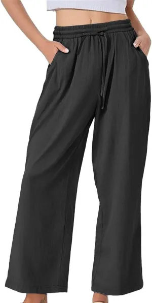 Wide Leg Linen Pants for Women Casual High Waisted Palazzo Crop Pants Lightweight Summer Flowy Trousers with Pockets