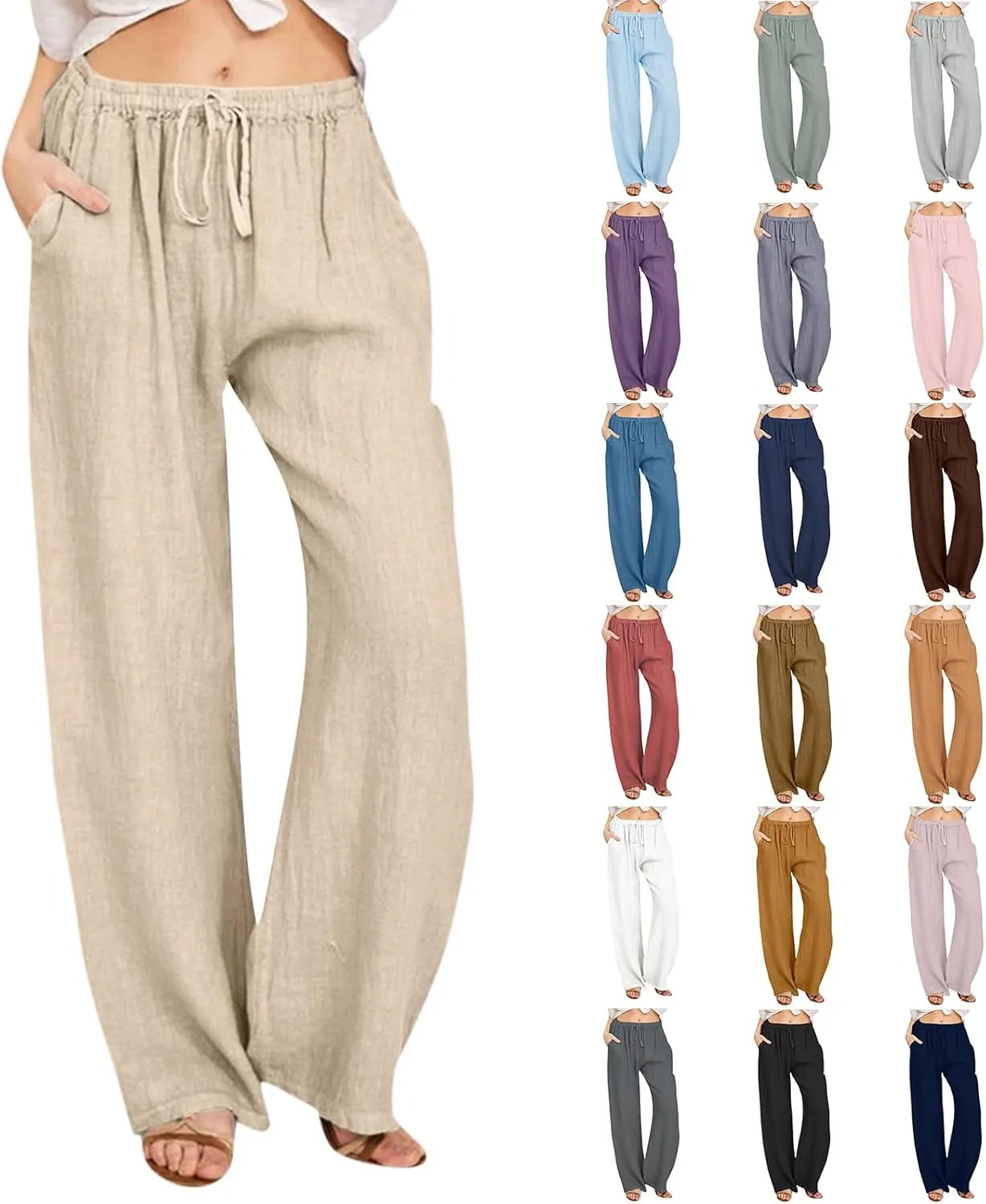 Wide Leg Linen Pants for Women Drawstring Waist Lightweight Summer Pants with Pocket Baggy Cotton Linen Palazzo Pants