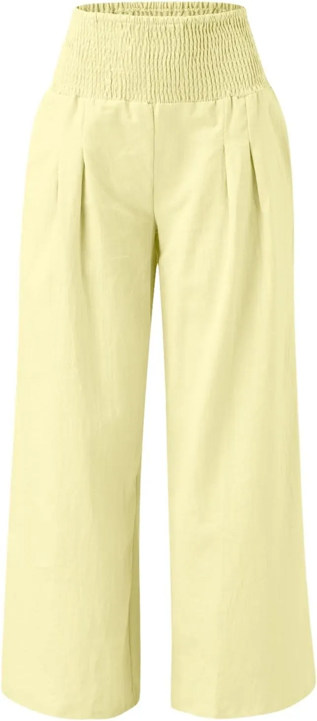 Wide Leg Linen Pants for Women Elastic High Waisted Palazzo Pants Casual Beach Trousers with Pockets Summer Pants
