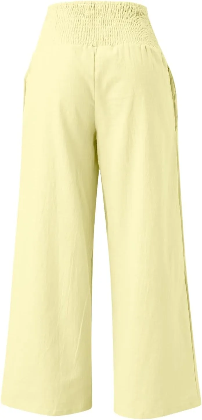 Wide Leg Linen Pants for Women Elastic High Waisted Palazzo Pants Casual Beach Trousers with Pockets Summer Pants