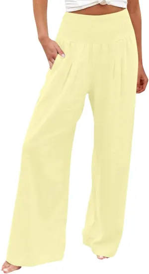 Wide Leg Linen Pants for Women Elastic High Waisted Palazzo Pants Casual Beach Trousers with Pockets Summer Pants