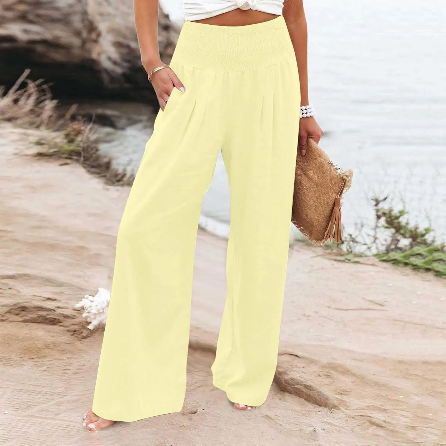 Wide Leg Linen Pants for Women Elastic High Waisted Palazzo Pants Casual Beach Trousers with Pockets Summer Pants