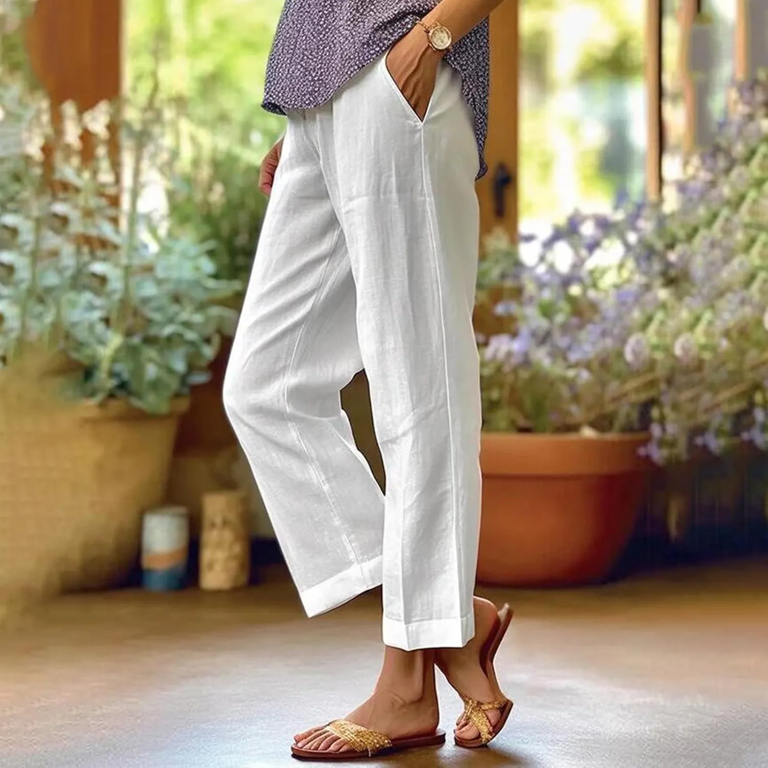 Wide Leg Linen Pants for Women Plus Size Cropped Linen Pants Casual Summer Elastic High Waisted Lounge Pants