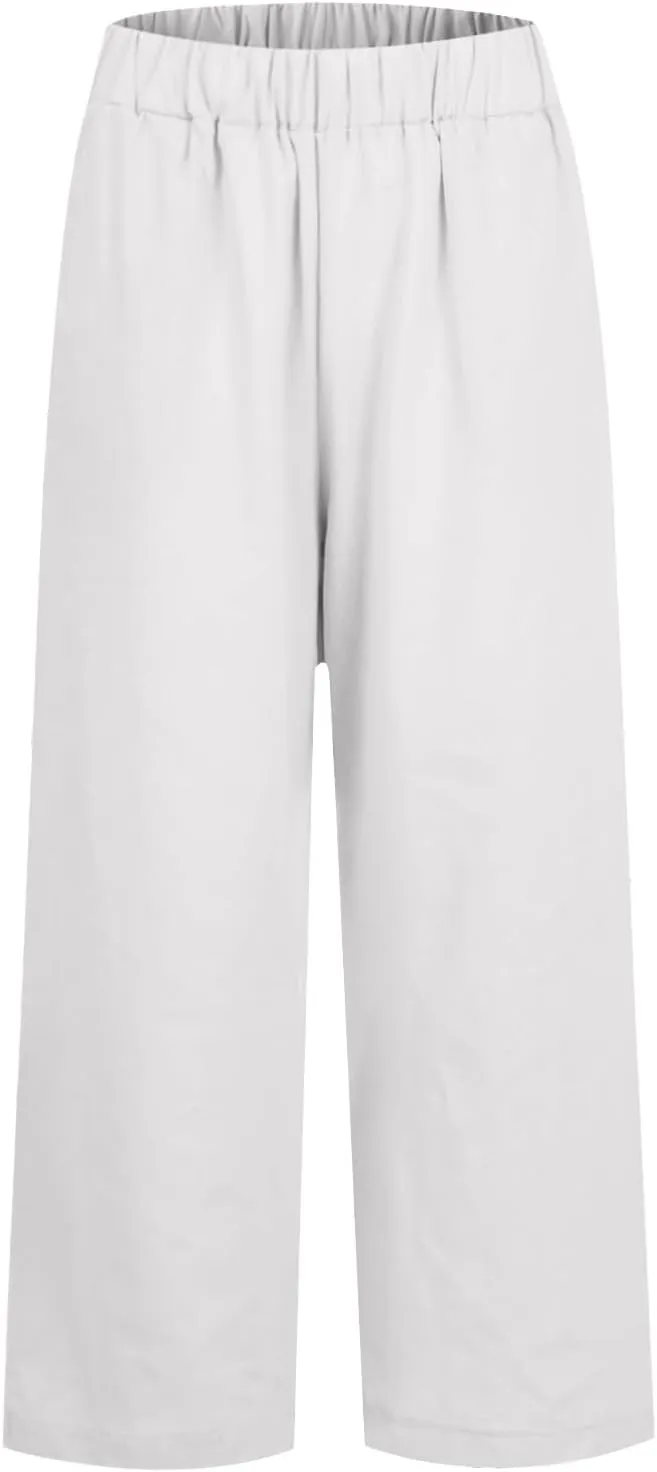 Wide Leg Linen Pants for Women Plus Size Cropped Linen Pants Casual Summer Elastic High Waisted Lounge Pants
