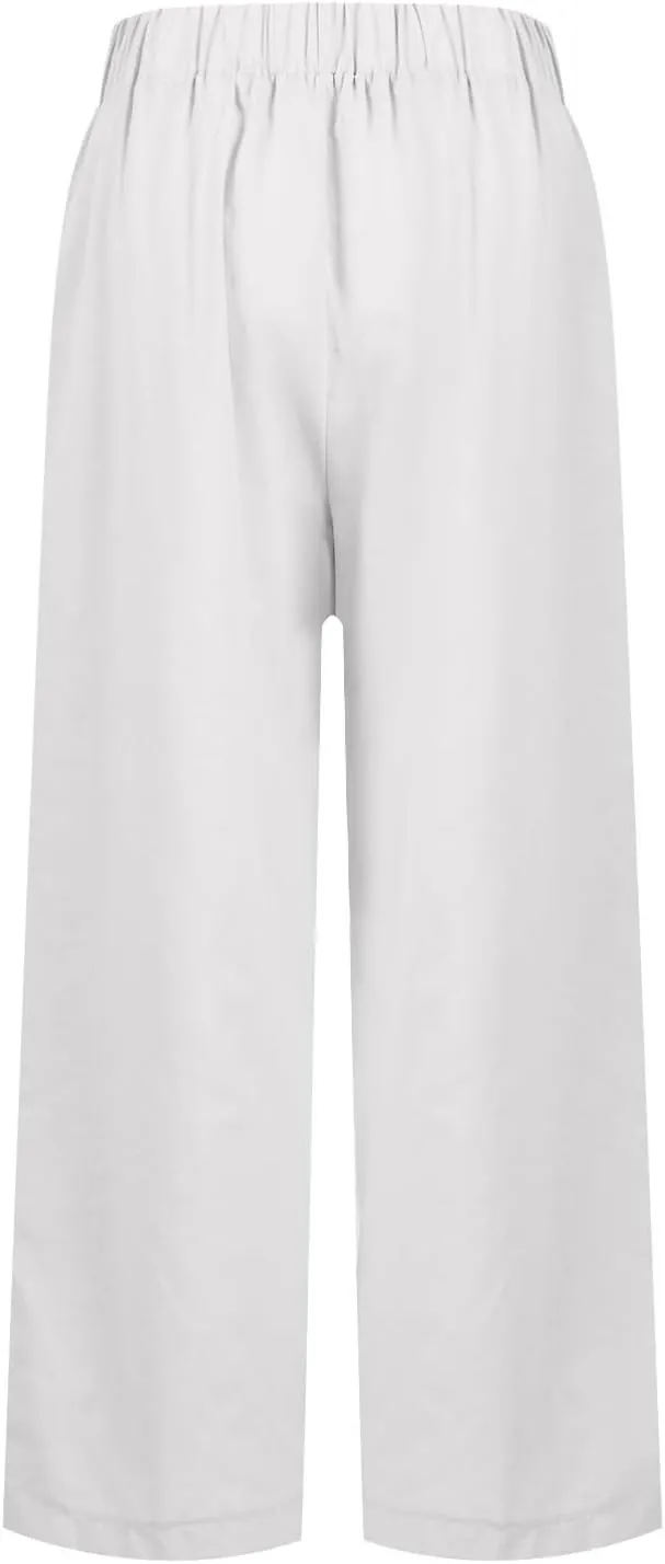 Wide Leg Linen Pants for Women Plus Size Cropped Linen Pants Casual Summer Elastic High Waisted Lounge Pants