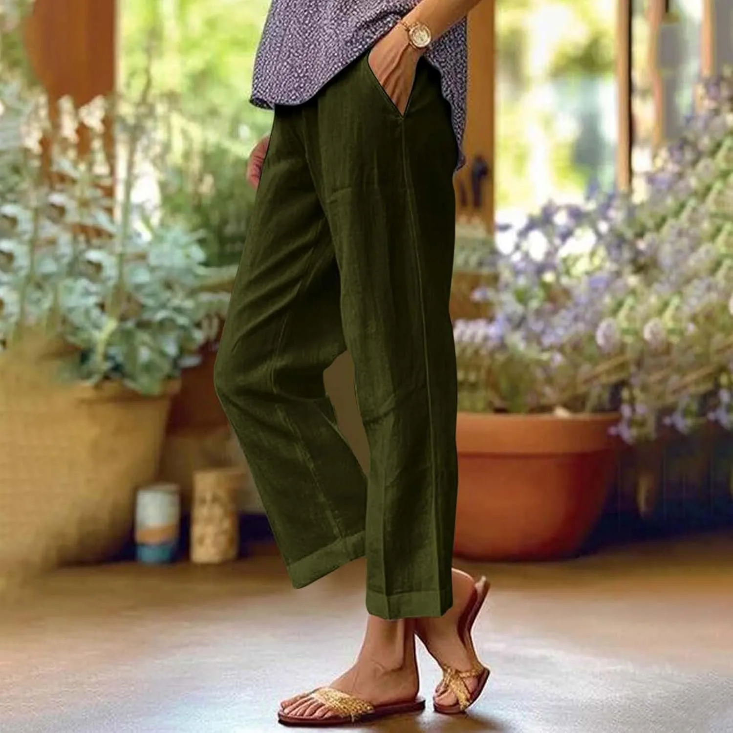 Wide Leg Linen Pants for Women Plus Size Cropped Linen Pants Casual Summer Elastic High Waisted Lounge Pants