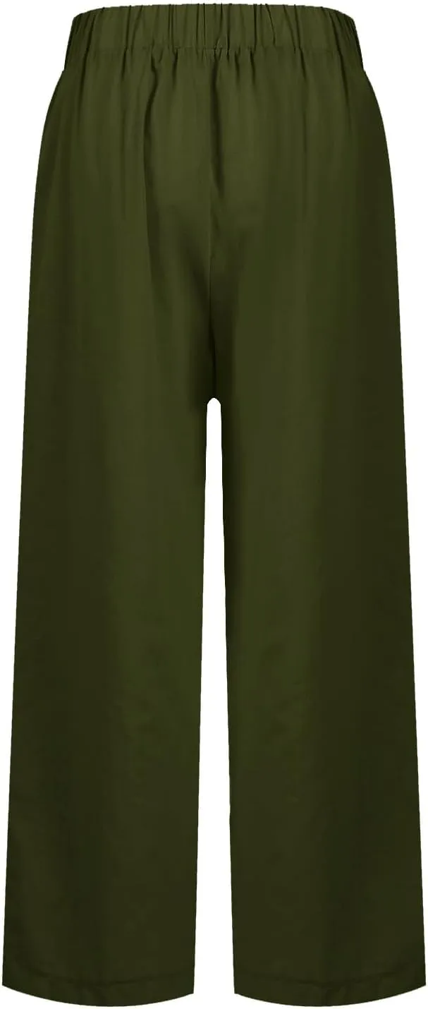 Wide Leg Linen Pants for Women Plus Size Cropped Linen Pants Casual Summer Elastic High Waisted Lounge Pants