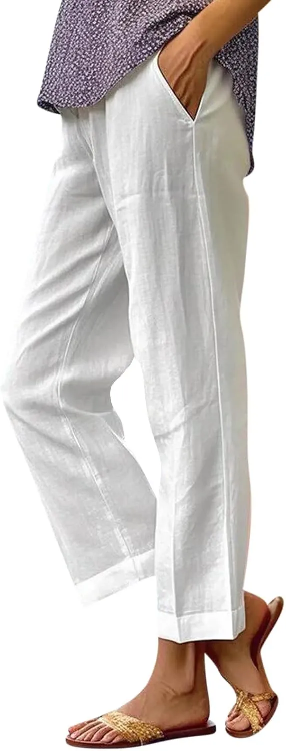Wide Leg Linen Pants for Women Plus Size Cropped Linen Pants Casual Summer Elastic High Waisted Lounge Pants