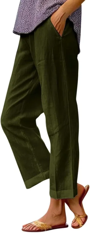 Wide Leg Linen Pants for Women Plus Size Cropped Linen Pants Casual Summer Elastic High Waisted Lounge Pants