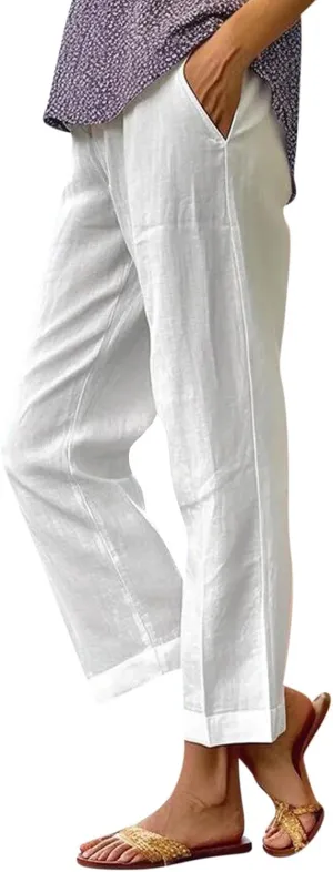 Wide Leg Linen Pants for Women Plus Size Cropped Linen Pants Casual Summer Elastic High Waisted Lounge Pants