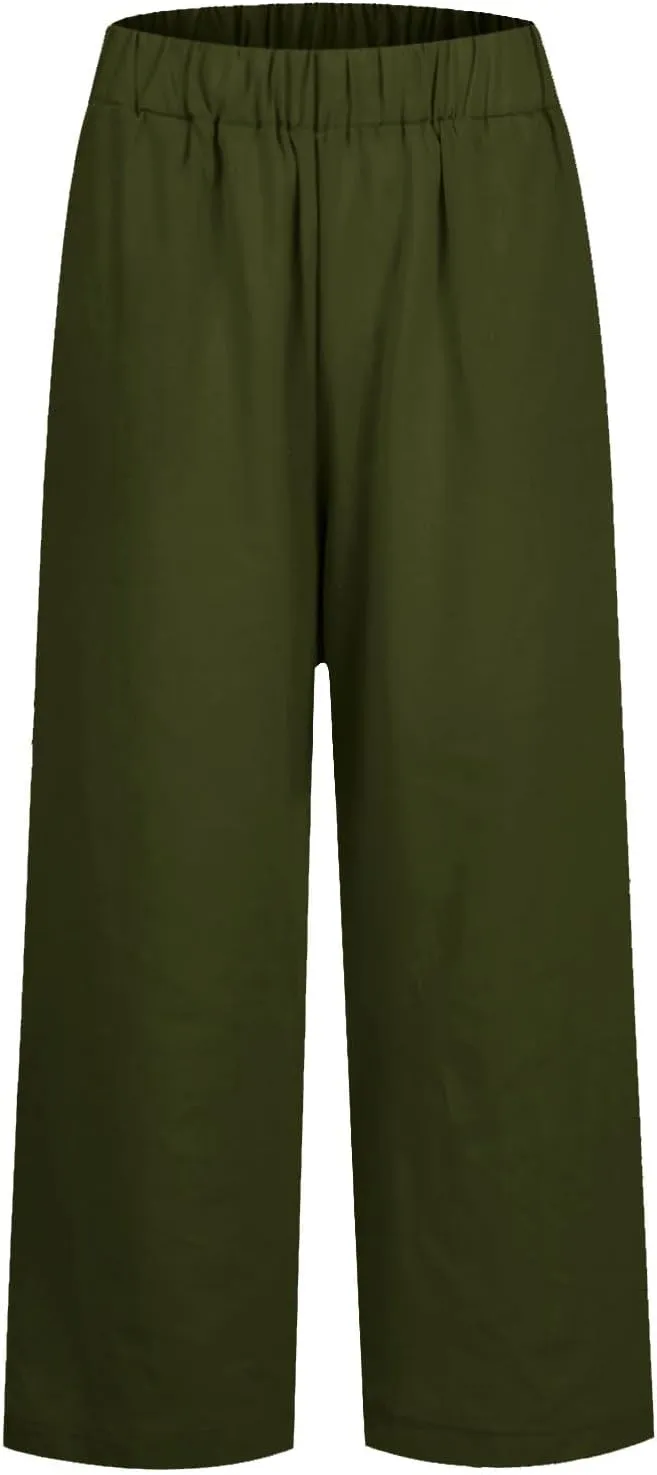 Wide Leg Linen Pants for Women Plus Size Cropped Linen Pants Casual Summer Elastic High Waisted Lounge Pants