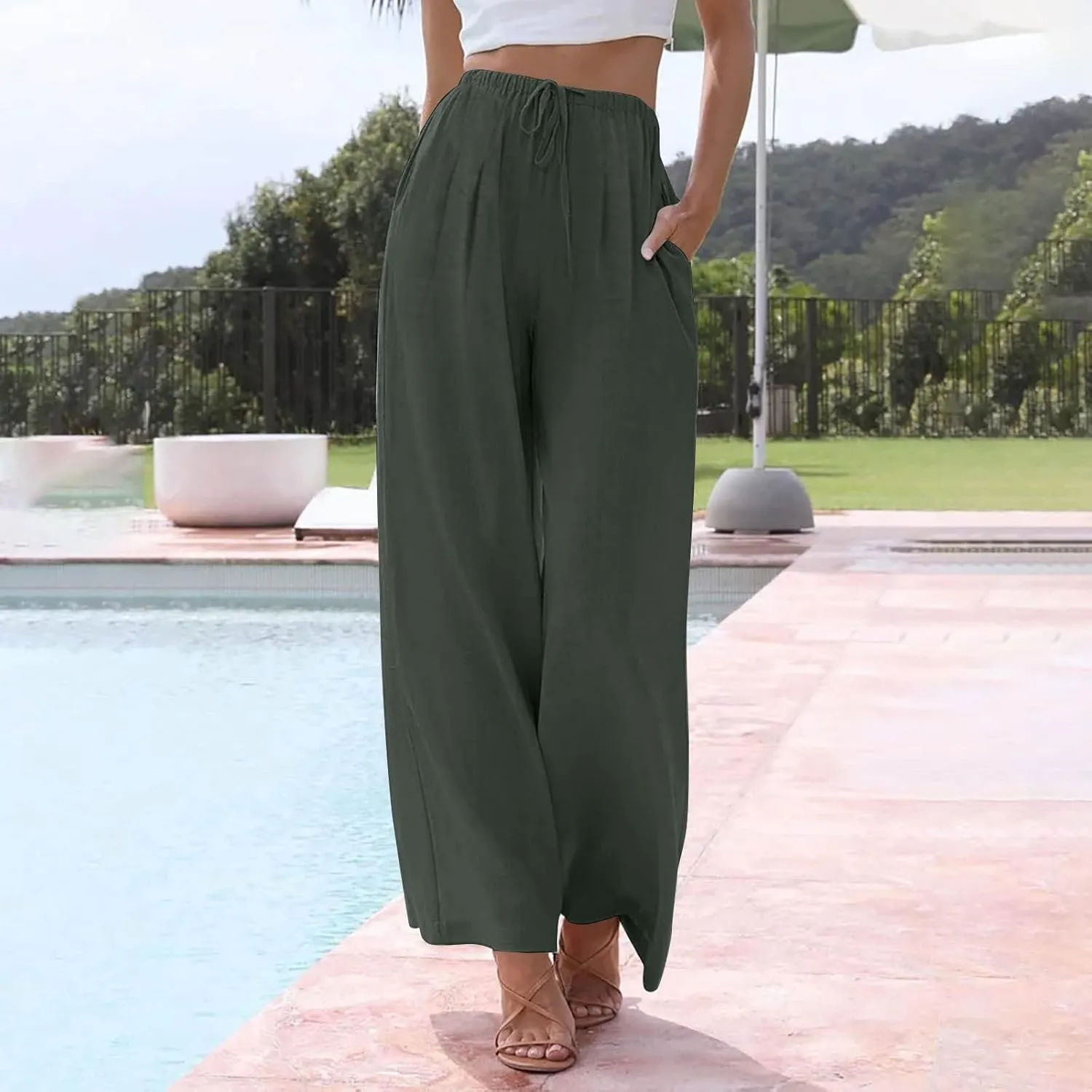 Wide Leg Linen Pants for Women Summer Flowy High Waisted Palazzo Pants Baggy Comfy Casual Beach Pant with Pockets