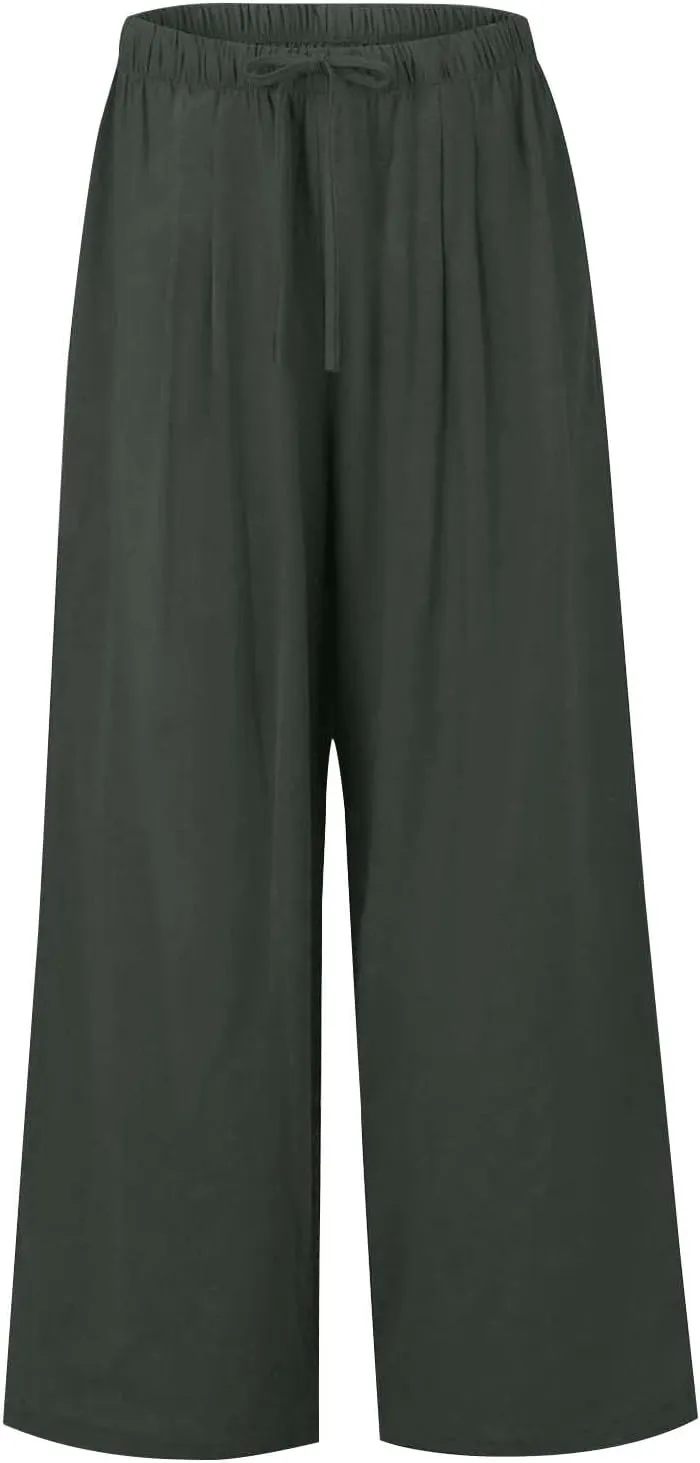 Wide Leg Linen Pants for Women Summer Flowy High Waisted Palazzo Pants Baggy Comfy Casual Beach Pant with Pockets