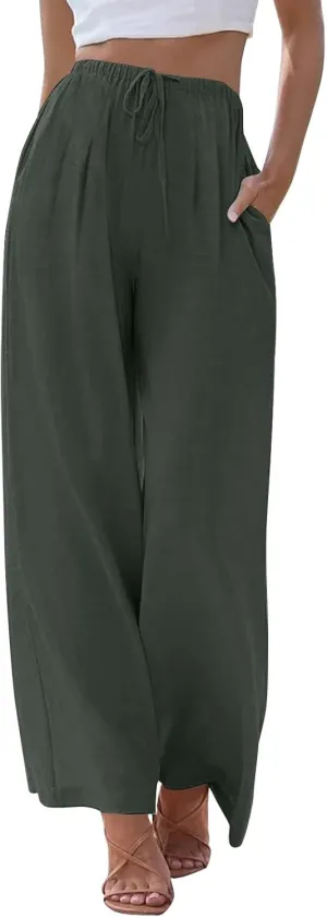 Wide Leg Linen Pants for Women Summer Flowy High Waisted Palazzo Pants Baggy Comfy Casual Beach Pant with Pockets