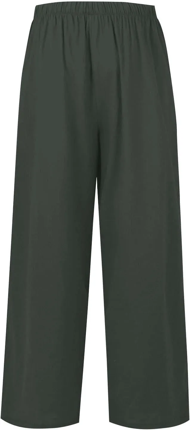 Wide Leg Linen Pants for Women Summer Flowy High Waisted Palazzo Pants Baggy Comfy Casual Beach Pant with Pockets