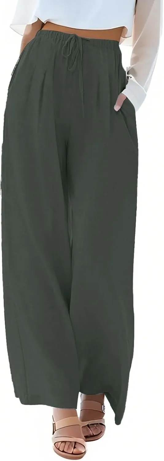 Wide Leg Linen Pants for Women Summer Flowy High Waisted Palazzo Pants Baggy Comfy Casual Beach Pant with Pockets