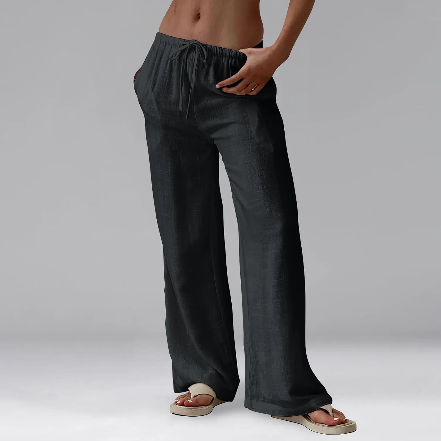 Wide Leg Linen Pants for Women Summer Loose Drawstring Elastic Low Rise Pants with Pockets Comfy Casual Outfits
