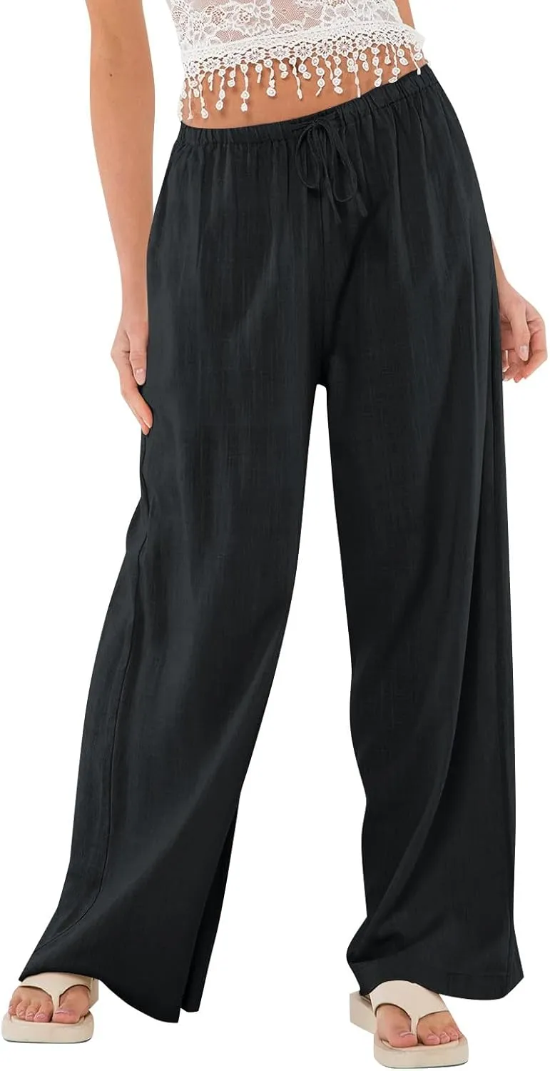 Wide Leg Linen Pants for Women Summer Loose Drawstring Elastic Low Rise Pants with Pockets Comfy Casual Outfits