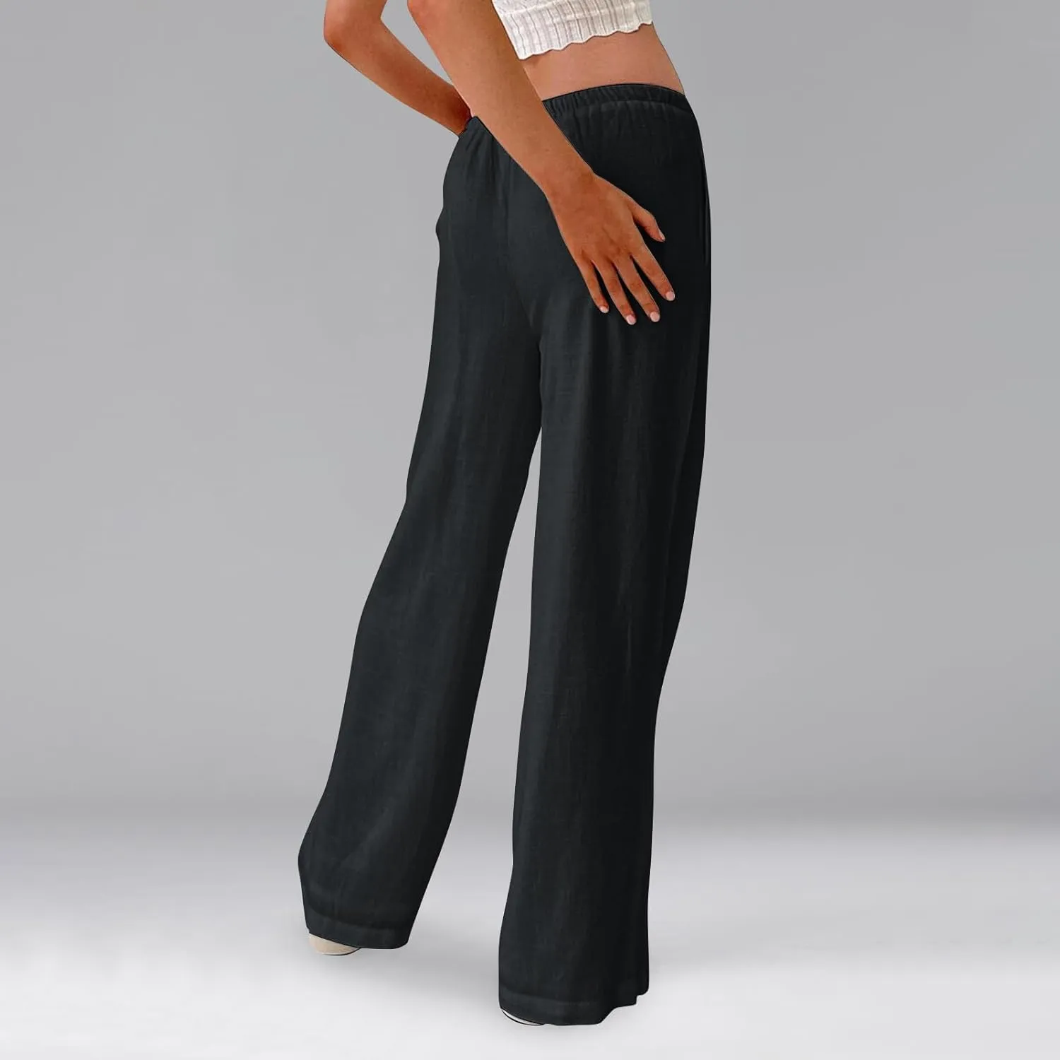 Wide Leg Linen Pants for Women Summer Loose Drawstring Elastic Low Rise Pants with Pockets Comfy Casual Outfits