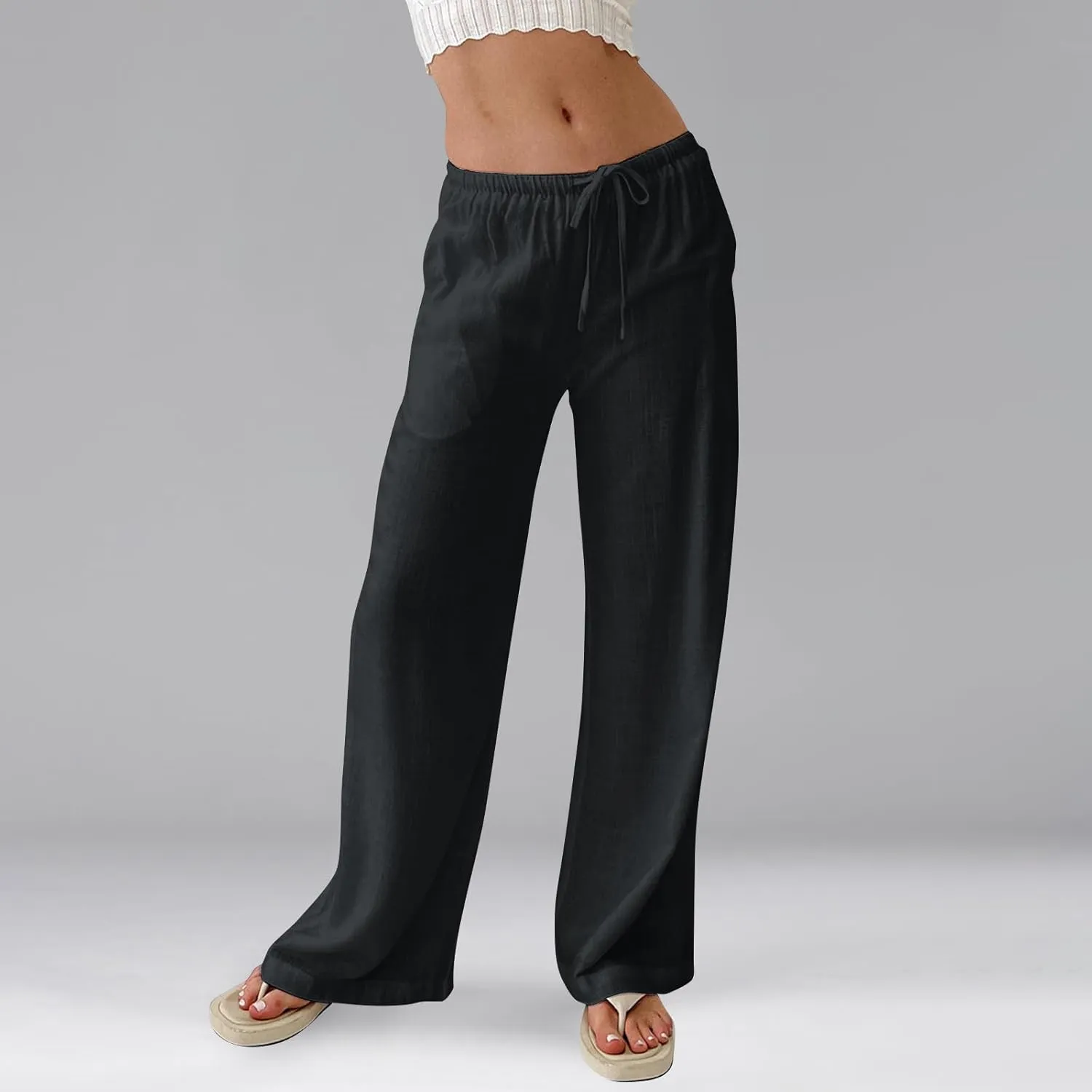 Wide Leg Linen Pants for Women Summer Loose Drawstring Elastic Low Rise Pants with Pockets Comfy Casual Outfits